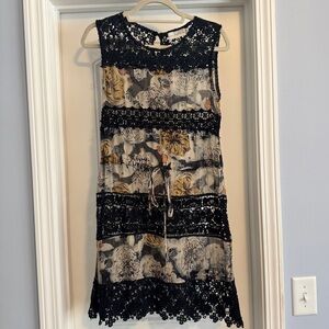 Johnny Was 4 Love and Liberty XS Sheer Floral and Black Crochet Mini Dress Boho